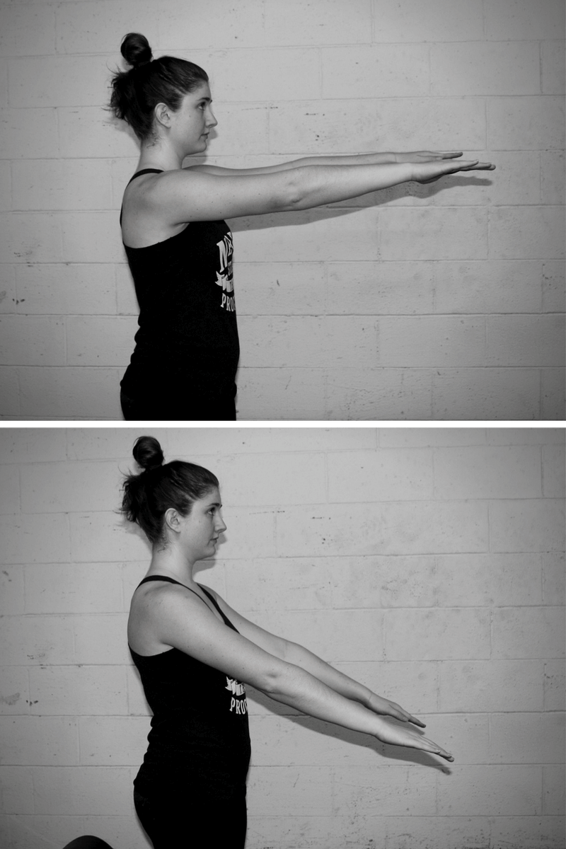 Lyndsey's shoulder is in a more flexed position in the top photo, and in a more extended position in the bottom photo.