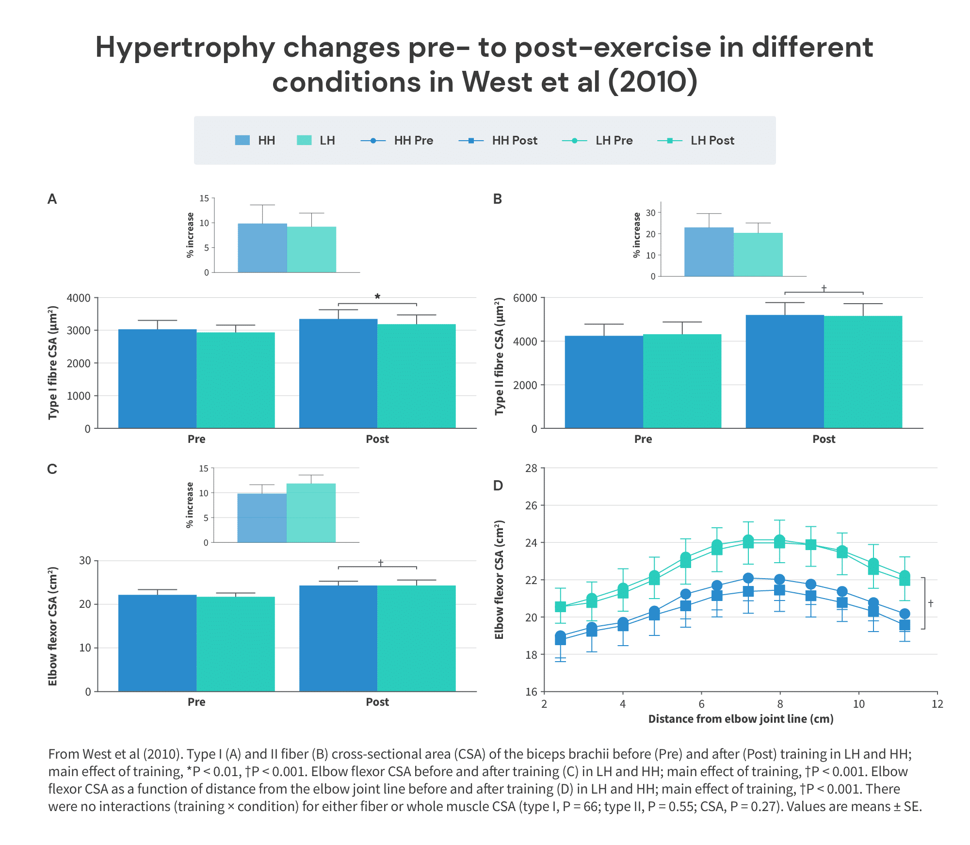 Hypertrophy changes pre to post exercise in different conditions in West et al
